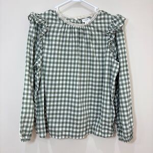 J Crew Green Gingham Plaid Top Women M Ruffles Lacey Cottage Prairie Peasant